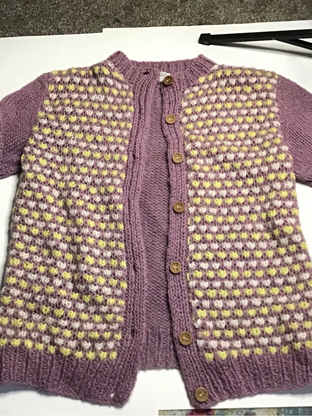 Women’s cozy vintage Lilac Knit cardigan Sweater Yellow & White Stitch Detail - Picture 2 of 11
